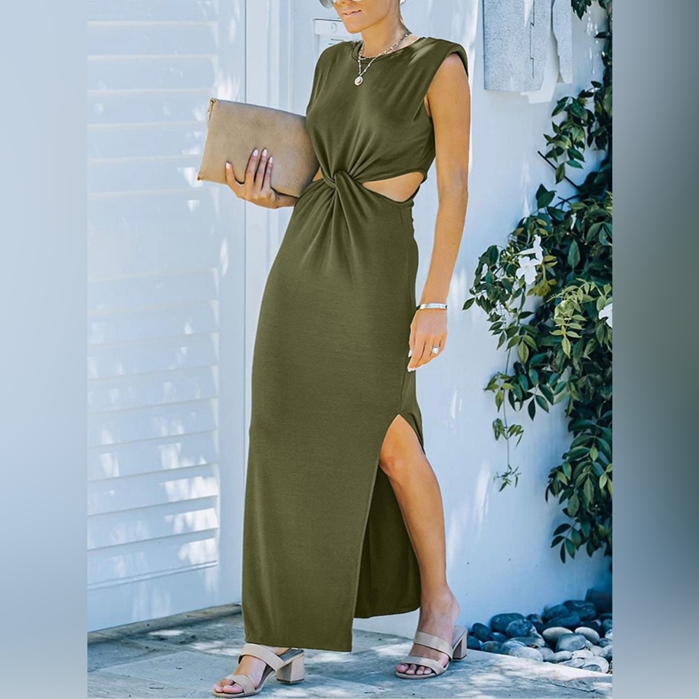 Women’s Side Cutout Padded Shoulder Summer Long Bodycon Dress